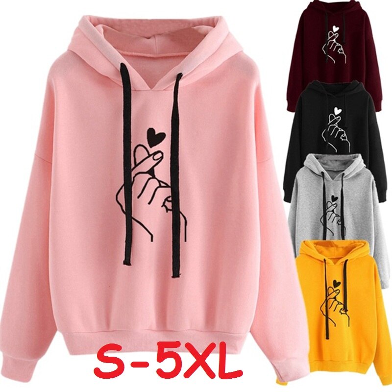 Women Hoodies Casual Kpop Finger Heart Love