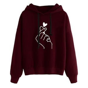 Women Hoodies Casual Kpop Finger Heart Love