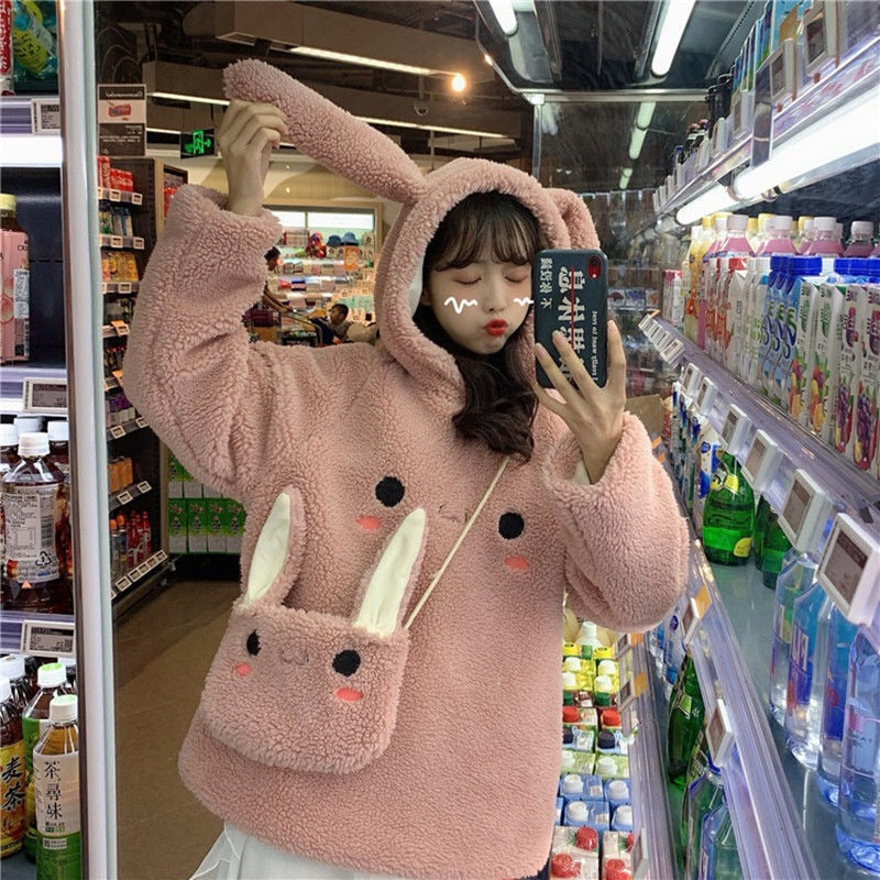 Women Warm Cute Bunny Hoodies +Fashion Lovely Rabbit Bag Hooded