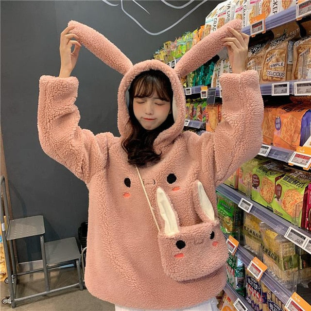 Women Warm Cute Bunny Hoodies +Fashion Lovely Rabbit Bag Hooded