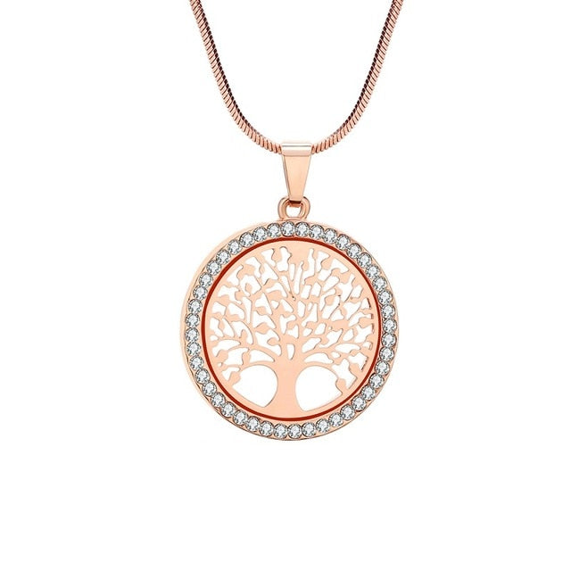 Hot Tree of Life Crystal Round Small Pendant Necklace Gold Silver Colors