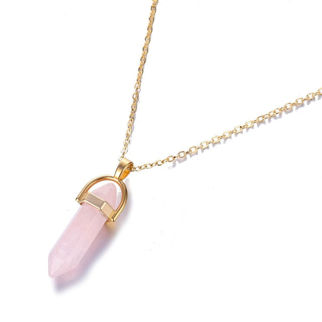 Natural Stone Bullet Pink Crystal Pendant Necklace For Women Jewelry